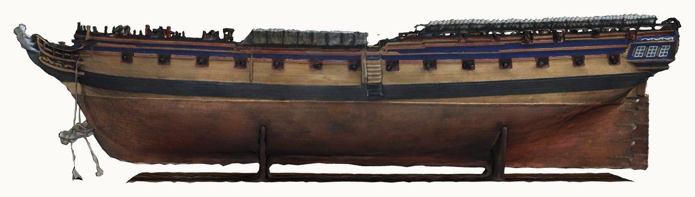 Second scan: outdoors, 1,103 photographs. Copper plates, gunports and stern windows can be made out.
