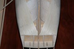 The stern from below: there's a slight kink in the hull here