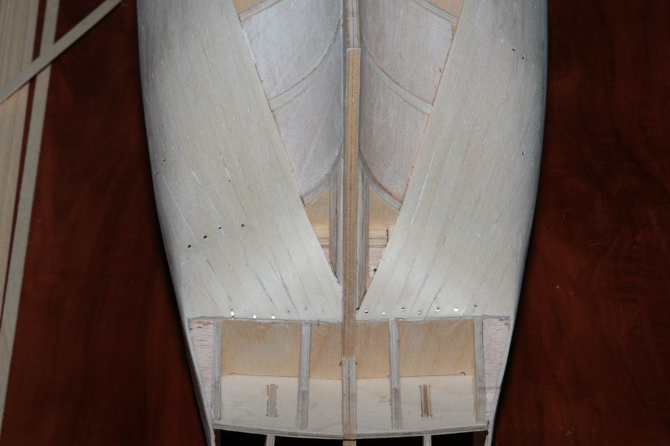 The stern from below: there's a slight kink in the hull here