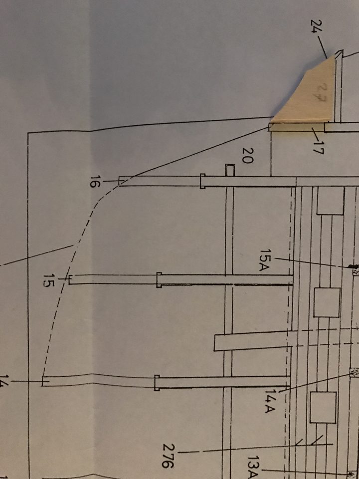 The drawing: stern frame 27 on bulkhead 17, and bulkhead 15 not touching the dotted line
