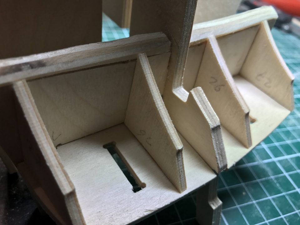 The aftermost bulkhead built up, with the stern frames on it