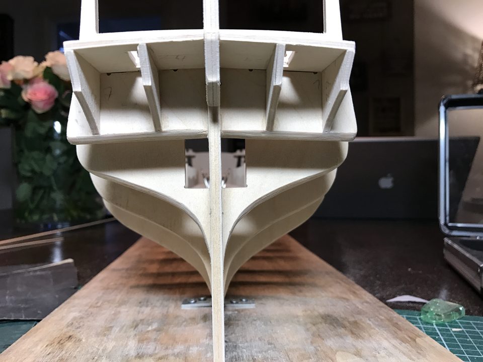 The stern seen from aft: the stern frames run on in line with the bulkhead