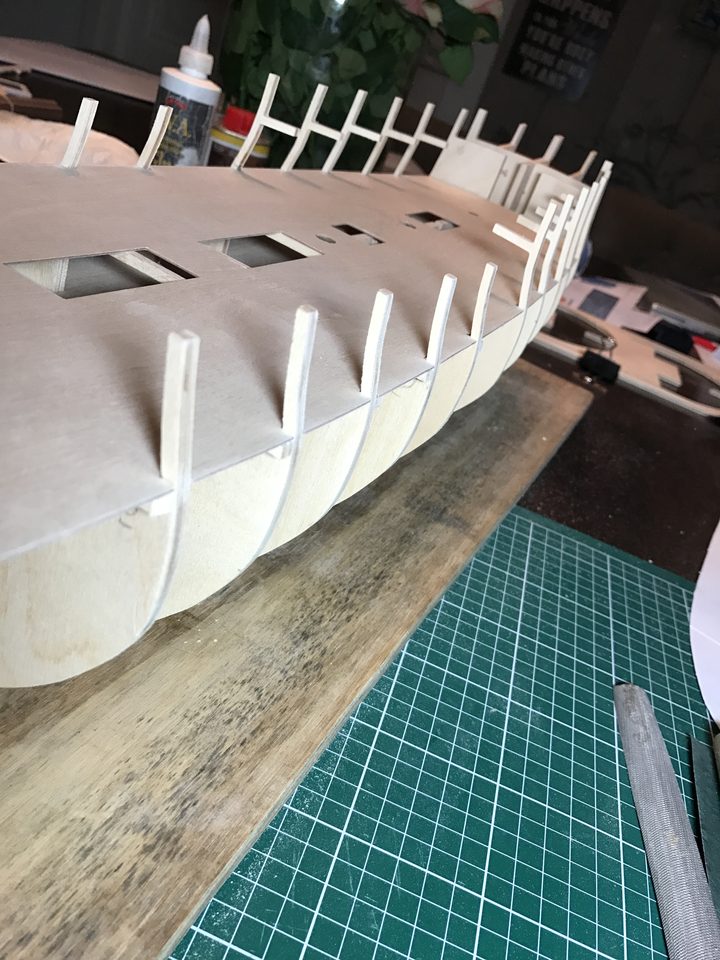 The gun deck in place, sanded flush with the bulkheads
