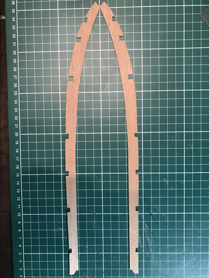 The first halves of the margin plank cut from sheet, side by side on the cutting mat to check the symmetry.