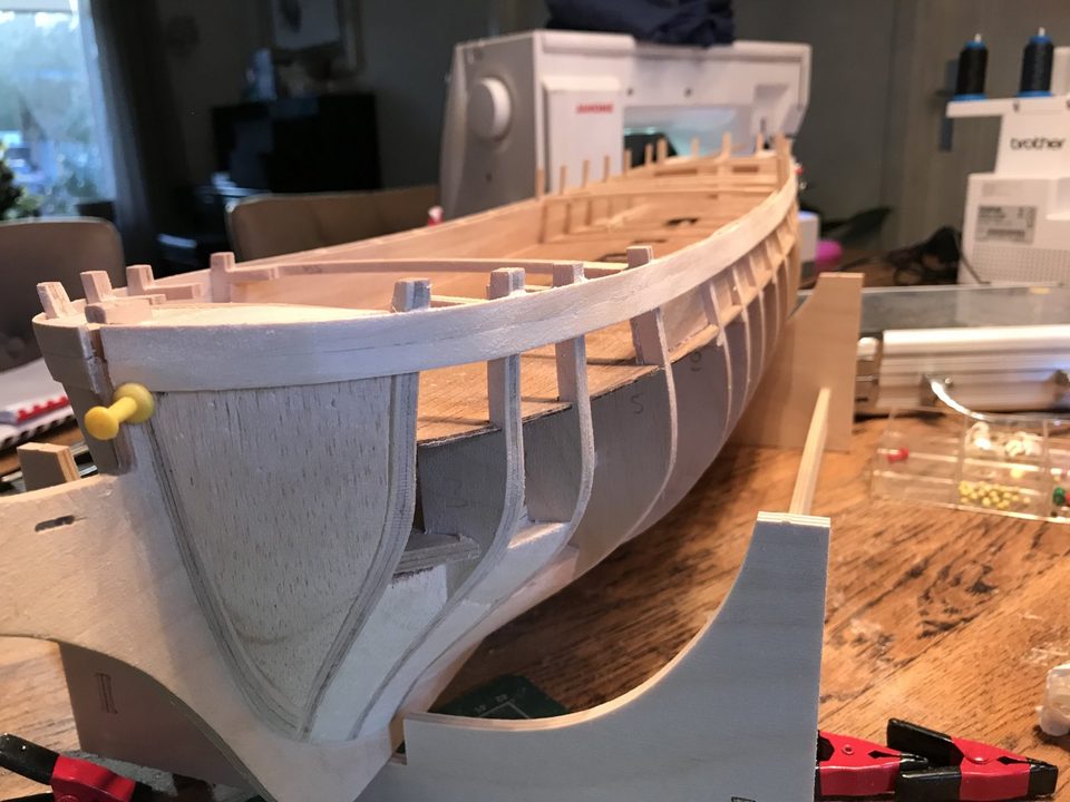 All the filler blocks on, with the first two strips of the planking