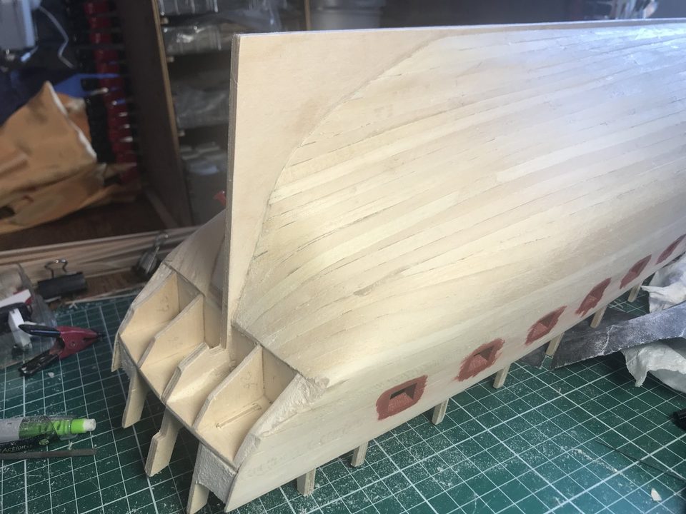 The stern roughly sanded with 80 and 150 grit