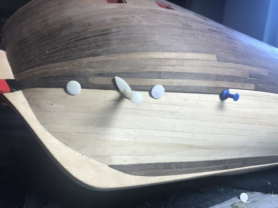 The drop plank glued, drawing pins still in place