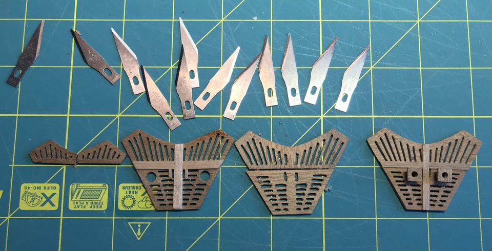 All attempts in a row with the worn blades above them; the grating on the right is the one we used.