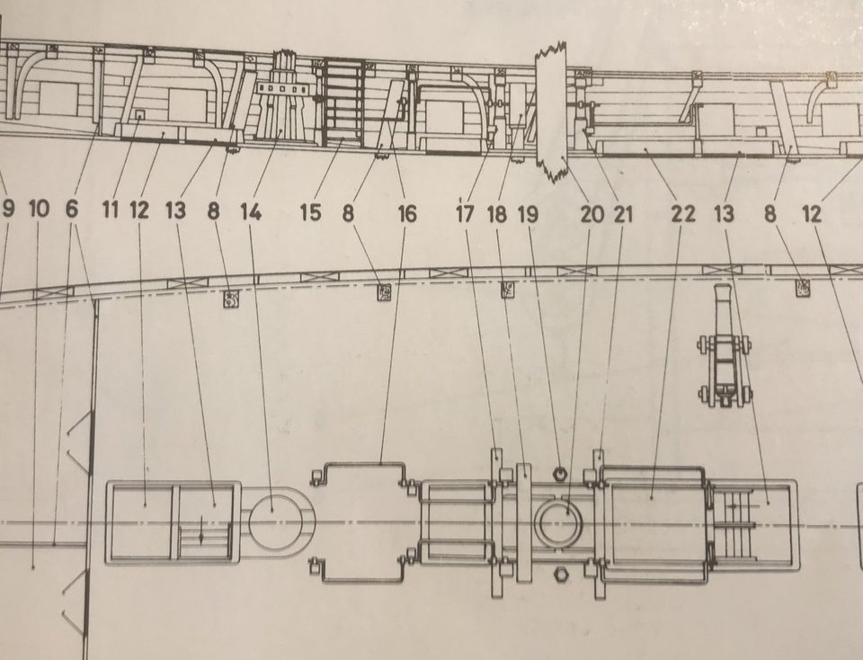 Drawing from The Anatomy of the Ship: the posts stand right next to the capstan