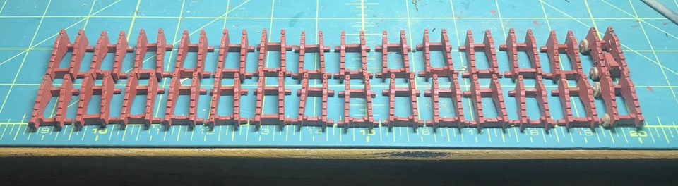 The 28 gun carriages, painted red