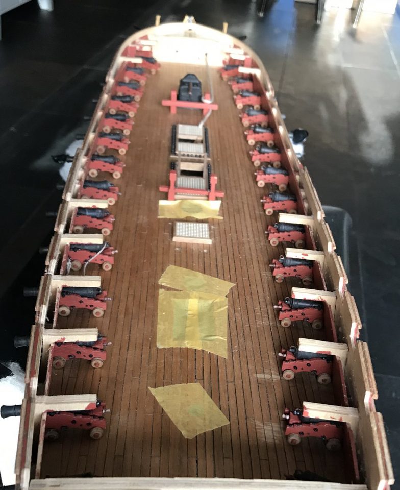 All 28 guns assembled, overview of the gun deck