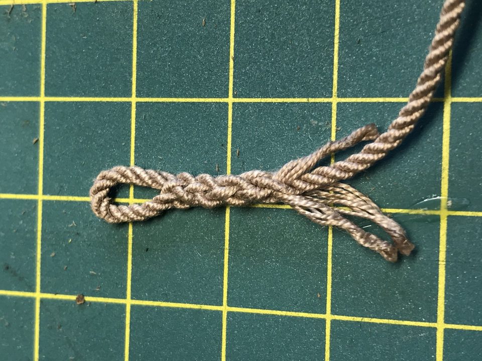 The first eye splice: the eye is formed, the strands are not yet finished off.