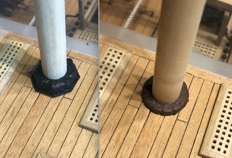 The two versions side by side: on the left the pleated black one, on the right the brown one with notches