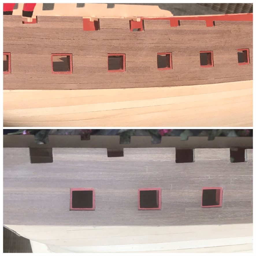 Above the hull with the gaps, below the same area after filling and light sanding: the seams are closed and the colour has stayed the same.