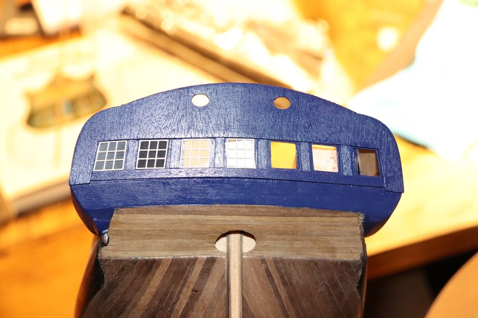 The test pieces in different window openings of the transom, each with a different tint and shine.