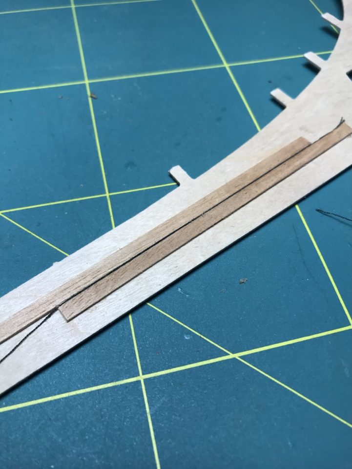 The margin plank follows the curve of the deck at the bow; the loose sections lie ready on the cutting mat.